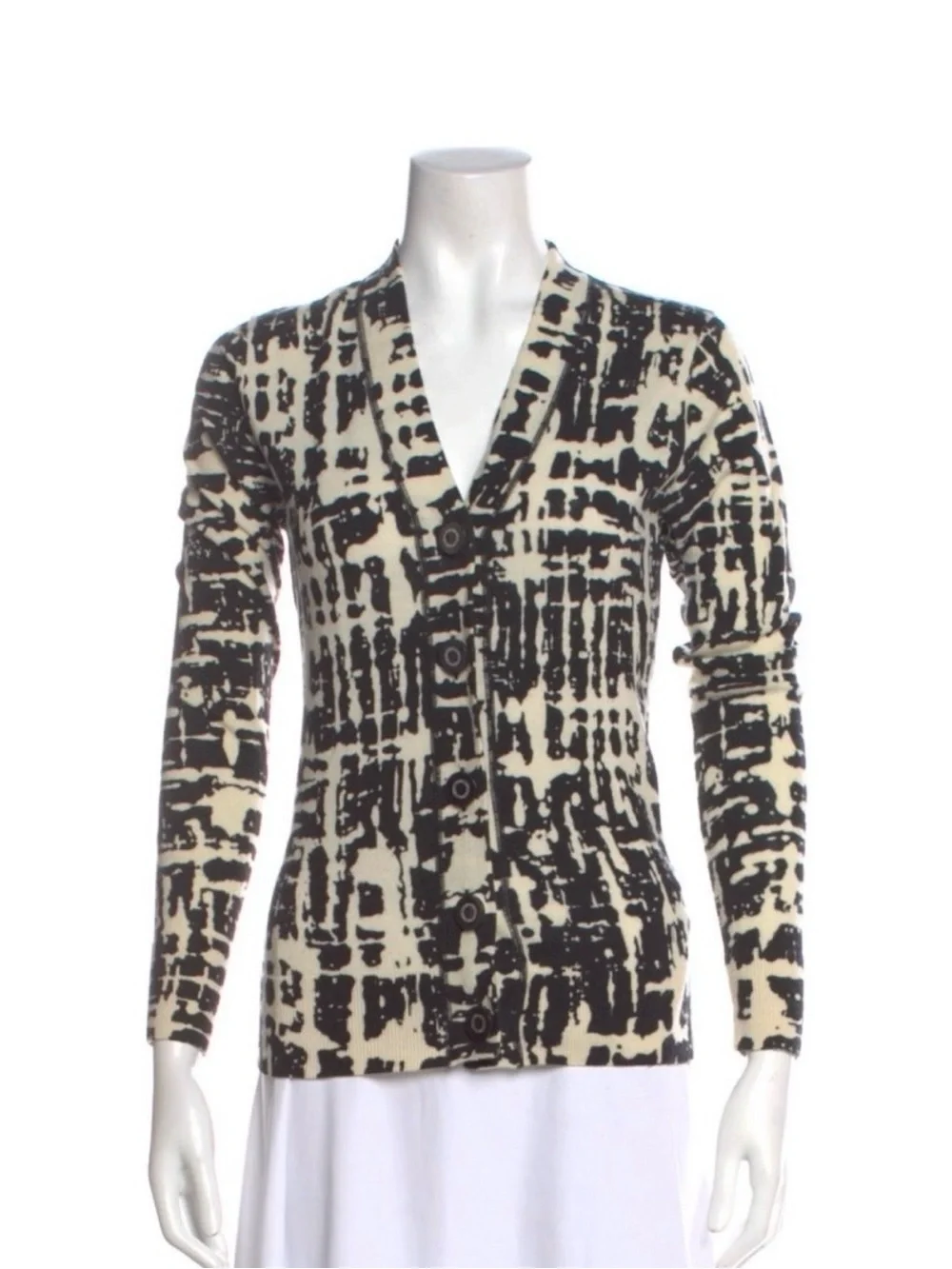 Tory Burch Black and Cream Patterned Button-Front Cardigan